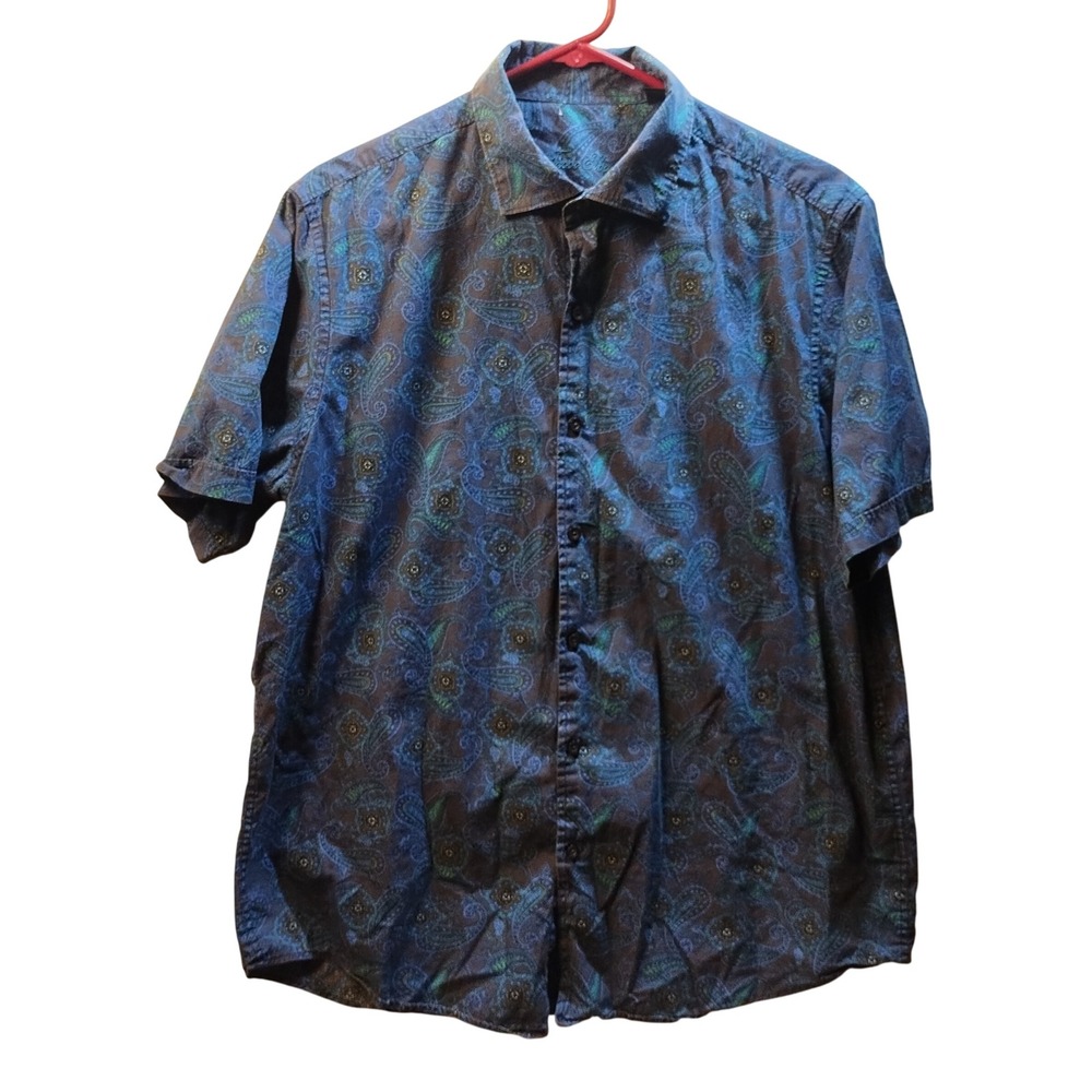 Tasso Elba Blue Paisley Short Sleeve Button Shirt Men's Size L 16 16 1/2 Beach